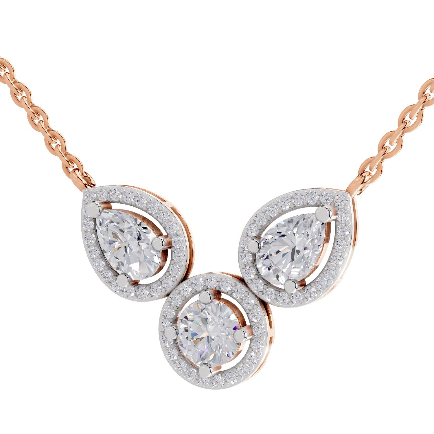 1.83 Ct Pear & Round Shape Halo Diamond Necklace | 14K Rose Gold