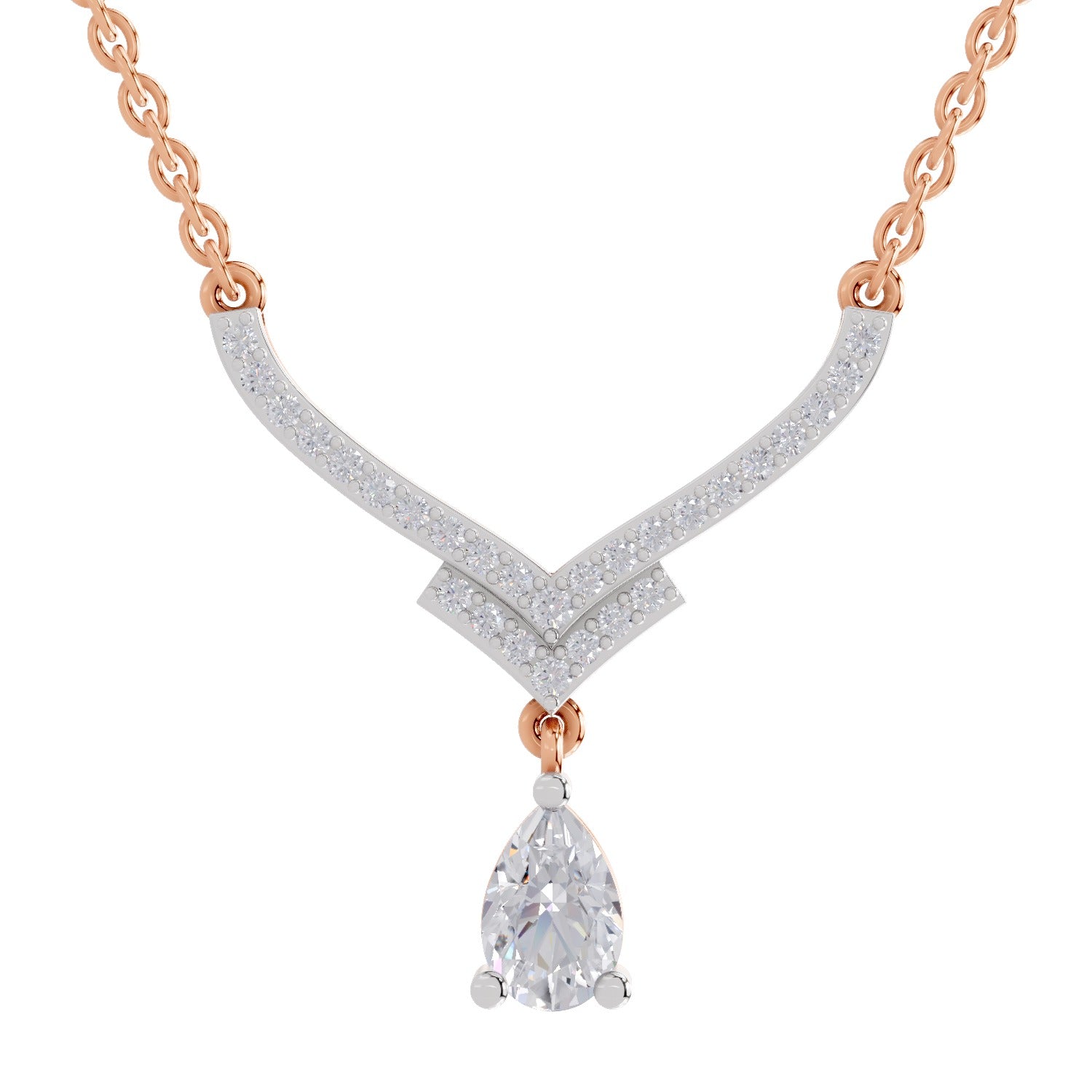 0.99 Ct Round & Pear V-Shape Diamond with Drop Necklace | 14K Rose Gold