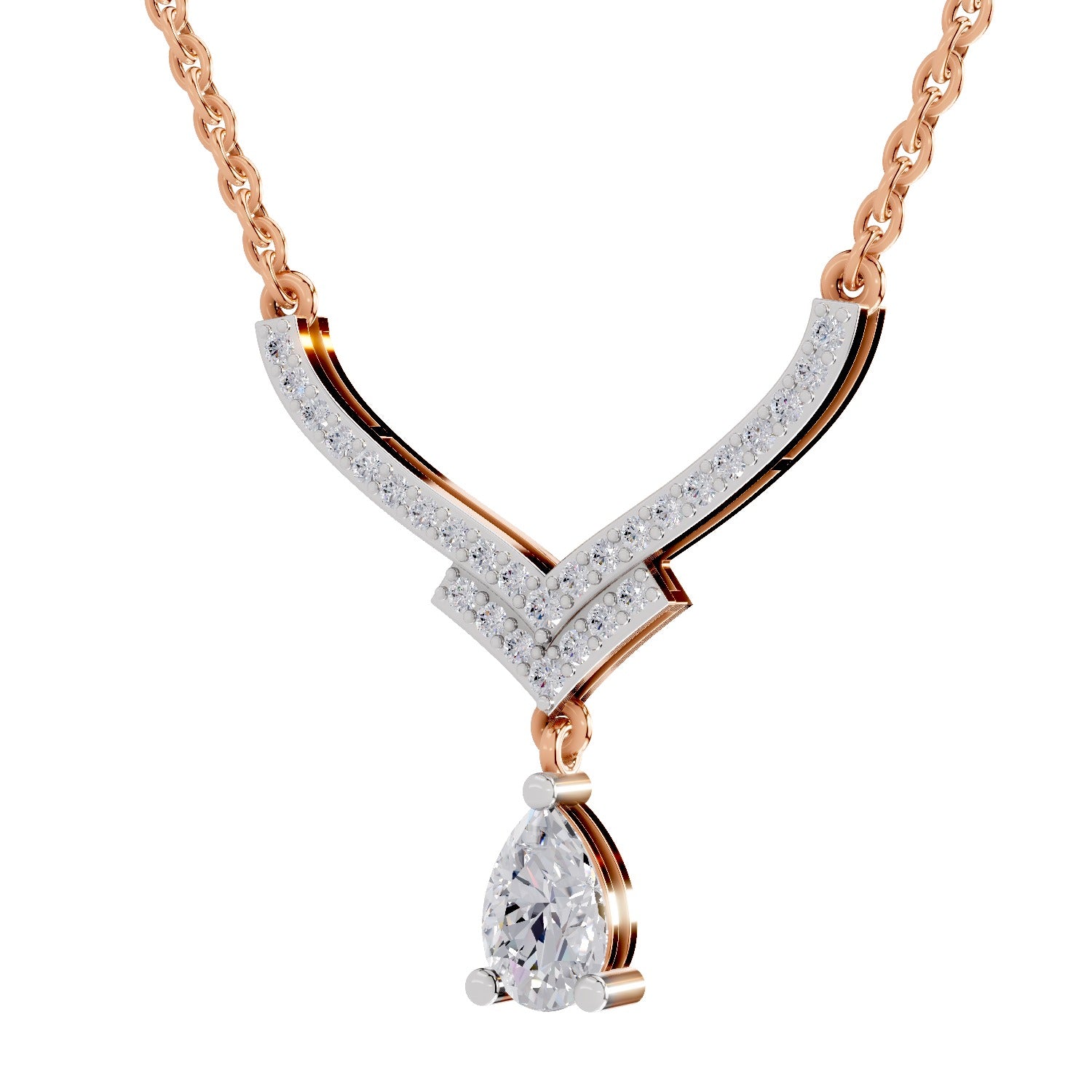 0.99 Ct Round & Pear V-Shape Diamond with Drop Necklace | 14K Rose Gold