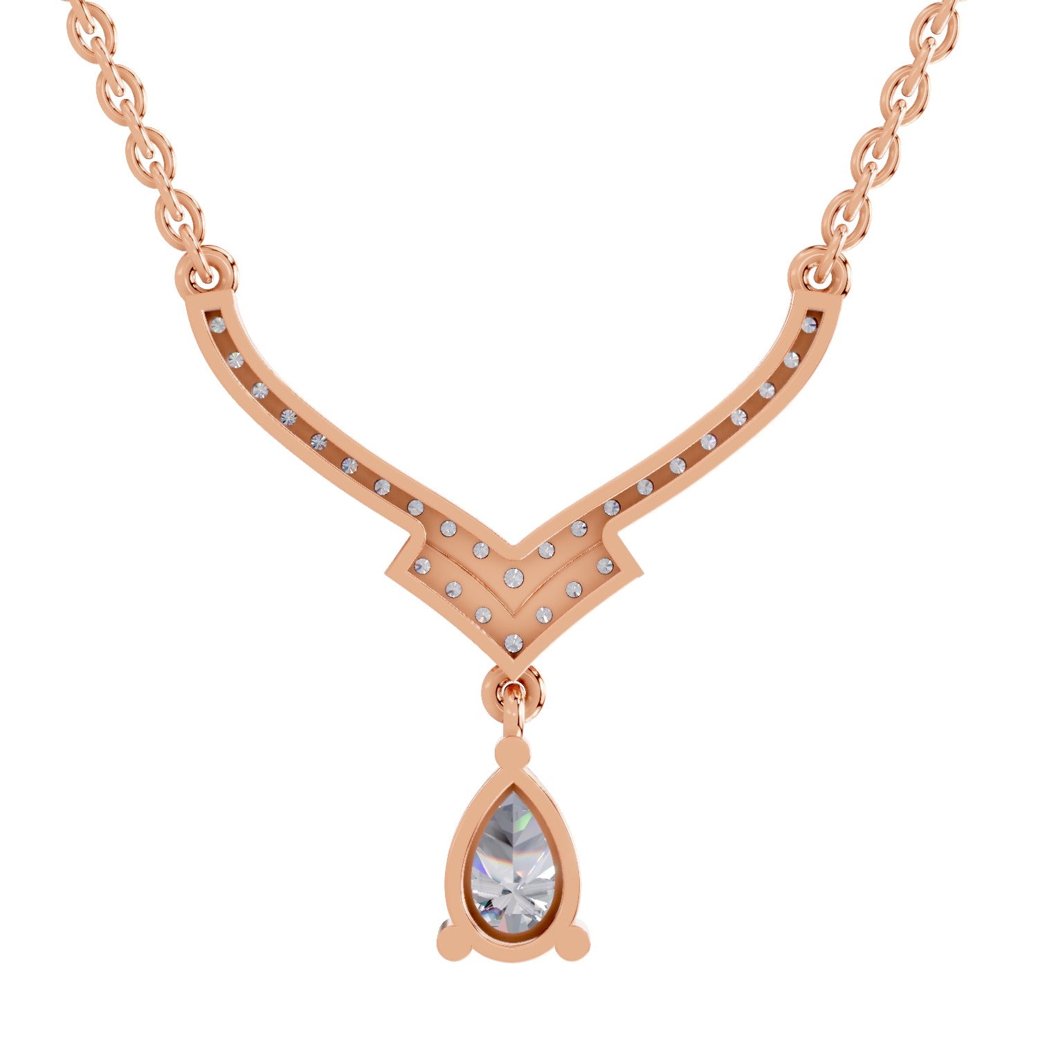 0.99 Ct Round & Pear V-Shape Diamond with Drop Necklace | 14K Rose Gold