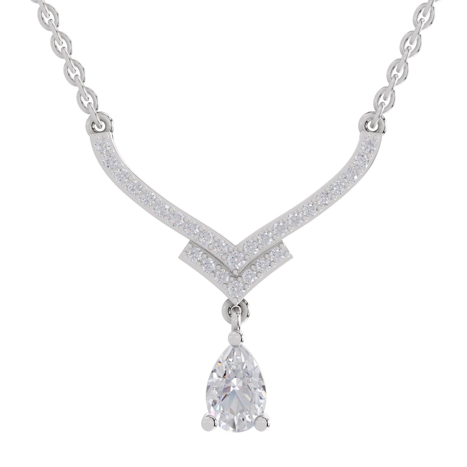 0.99 Ct Round & Pear V-Shape Diamond with Drop Necklace | 14K White Gold