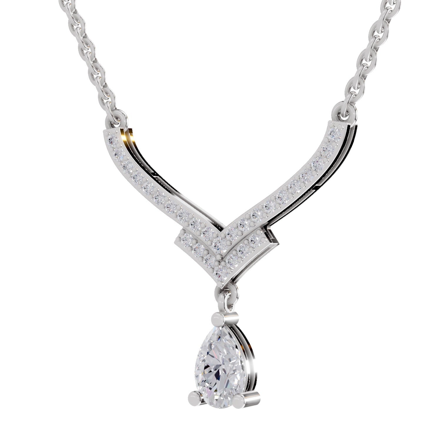 0.99 Ct Round & Pear V-Shape Diamond with Drop Necklace | 14K White Gold