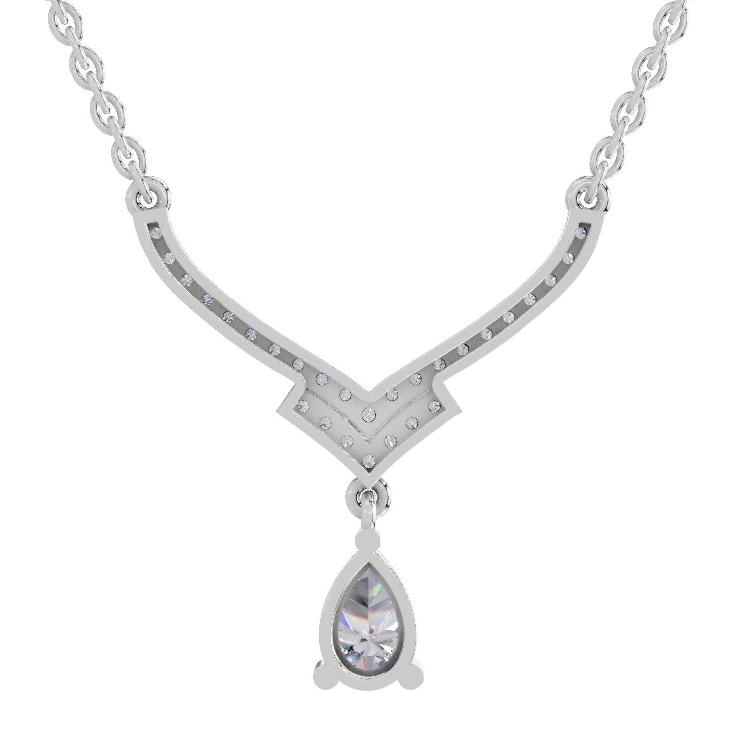 0.99 Ct Round & Pear V-Shape Diamond with Drop Necklace | 14K White Gold