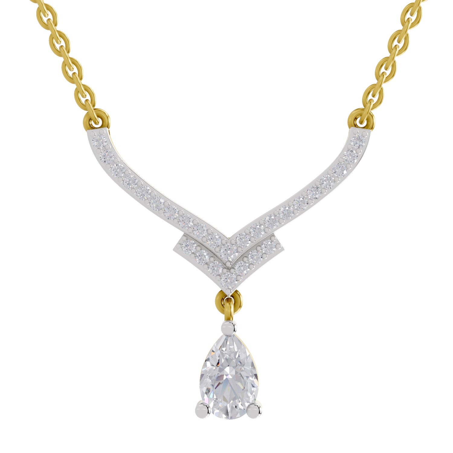 0.99 Ct Round & Pear V-Shape Diamond with Drop Necklace | 14K Yellow Gold