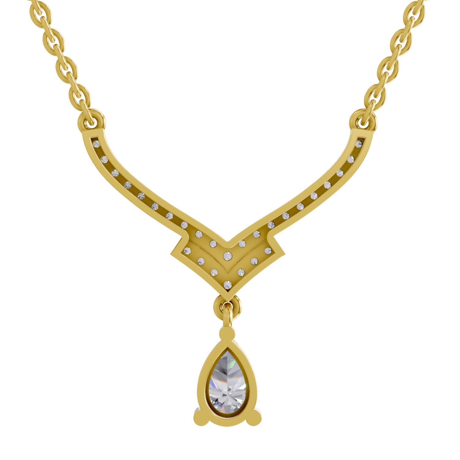 0.99 Ct Round & Pear V-Shape Diamond with Drop Necklace | 14K Yellow Gold