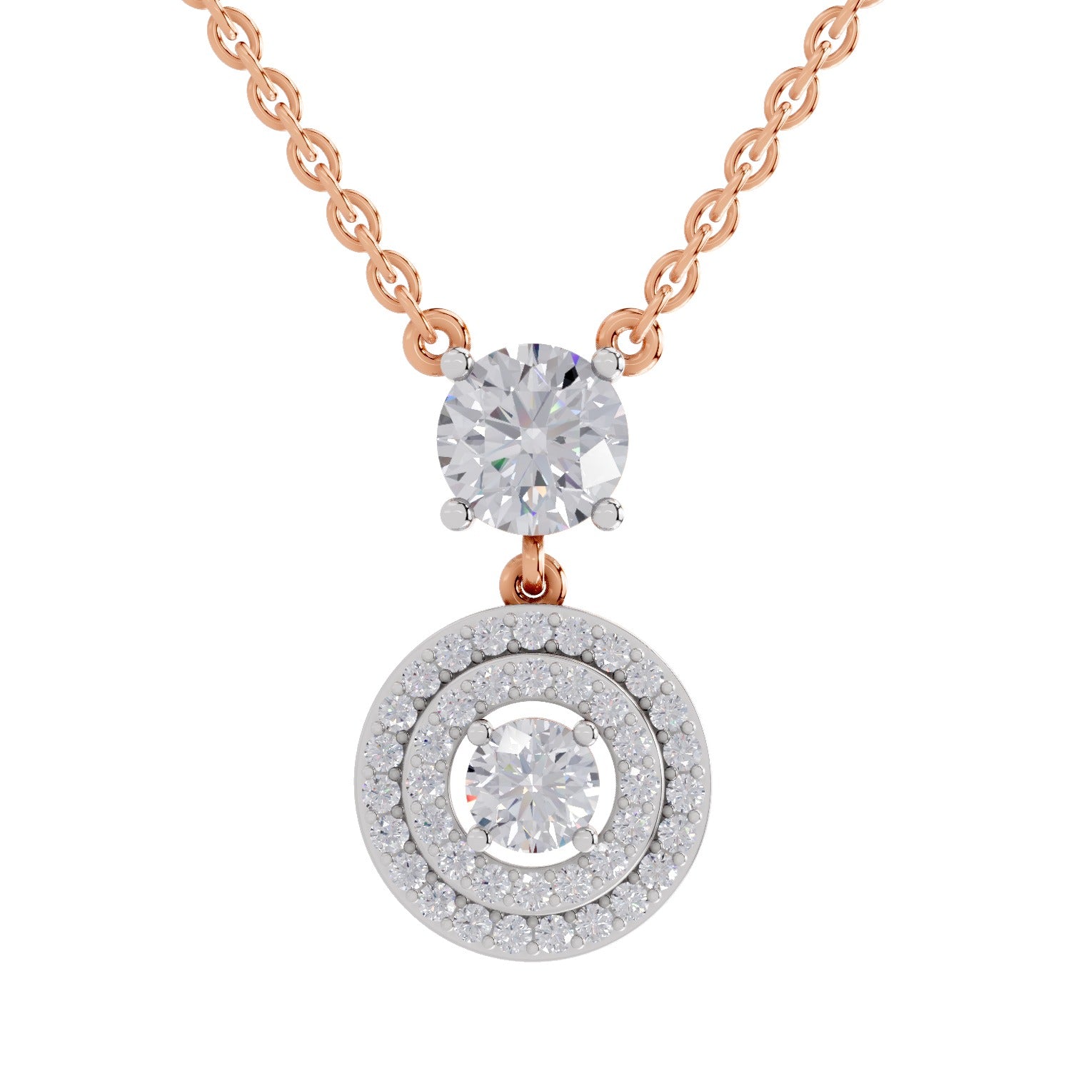 1.71 Ct Round Shape Halo Diamond Drop Necklace | 14K Rose Gold