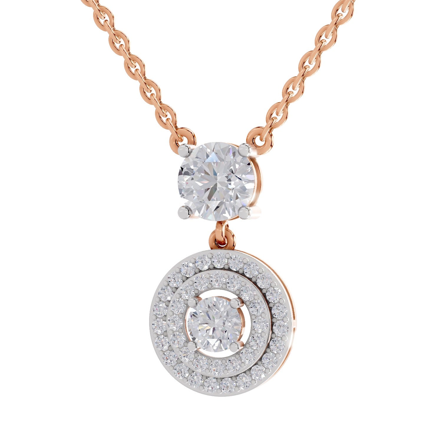 1.71 Ct Round Shape Halo Diamond Drop Necklace | 14K Rose Gold