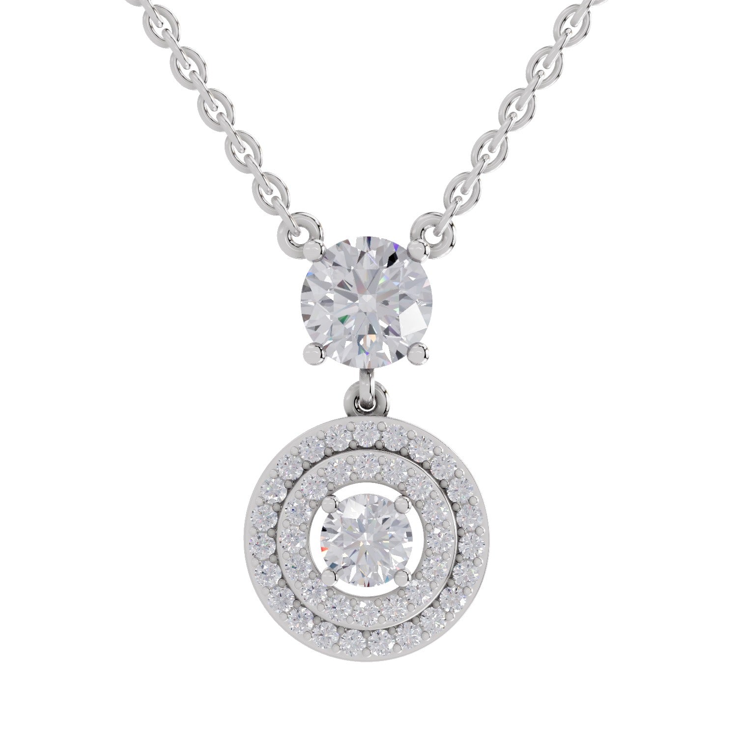 1.71 Ct Round Shape Halo Diamond Drop Necklace | 14K White Gold