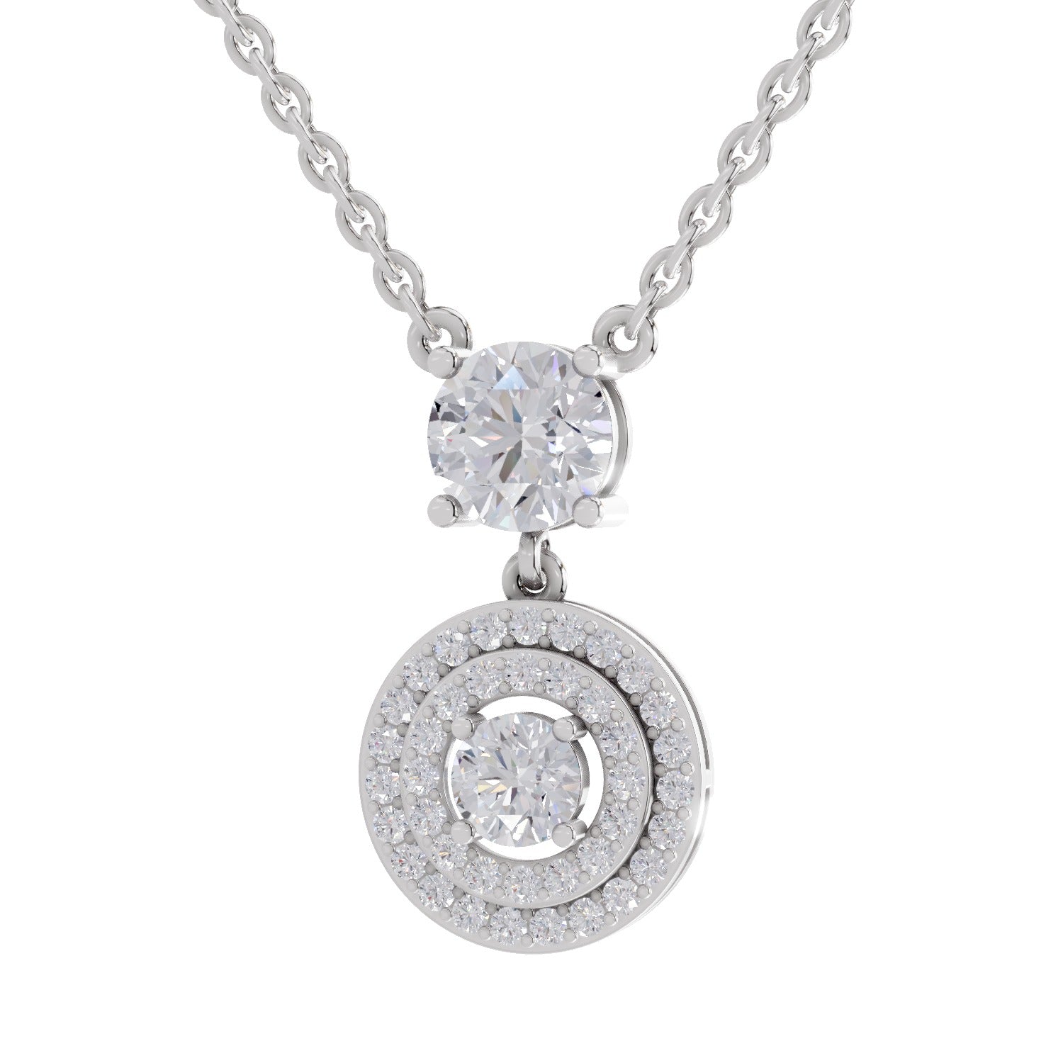 1.71 Ct Round Shape Halo Diamond Drop Necklace | 14K White Gold