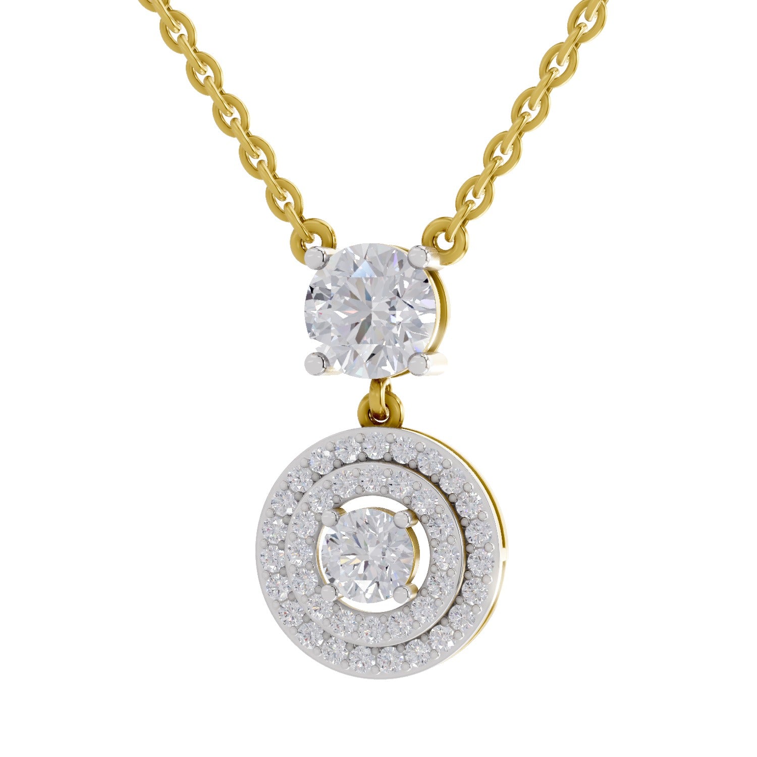 1.71 Ct Round Shape Halo Diamond Drop Necklace | 14K Yellow Gold
