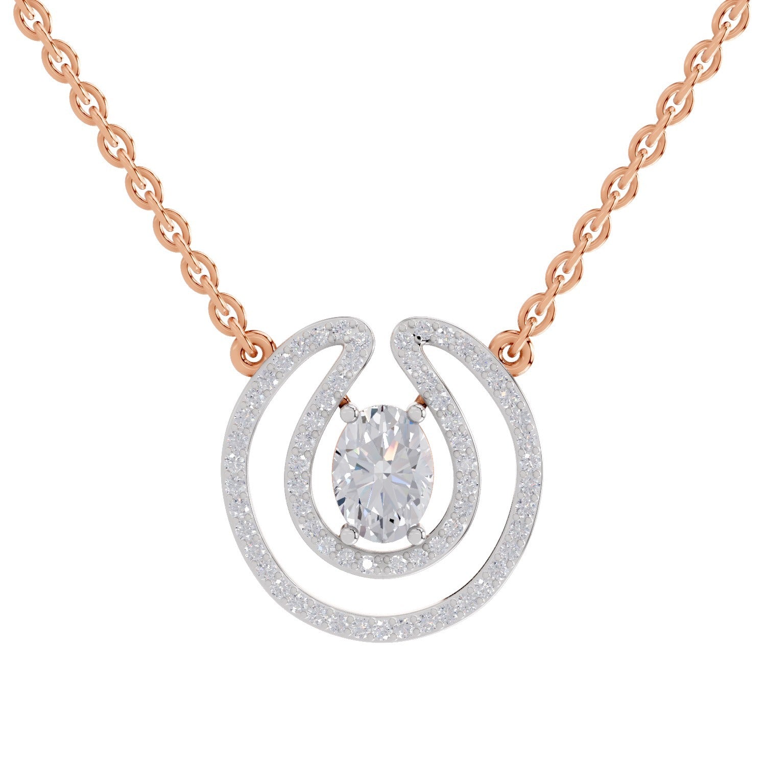 1.03 Ct Oval & Round Shape Halo Diamond Necklace | 14K Rose Gold