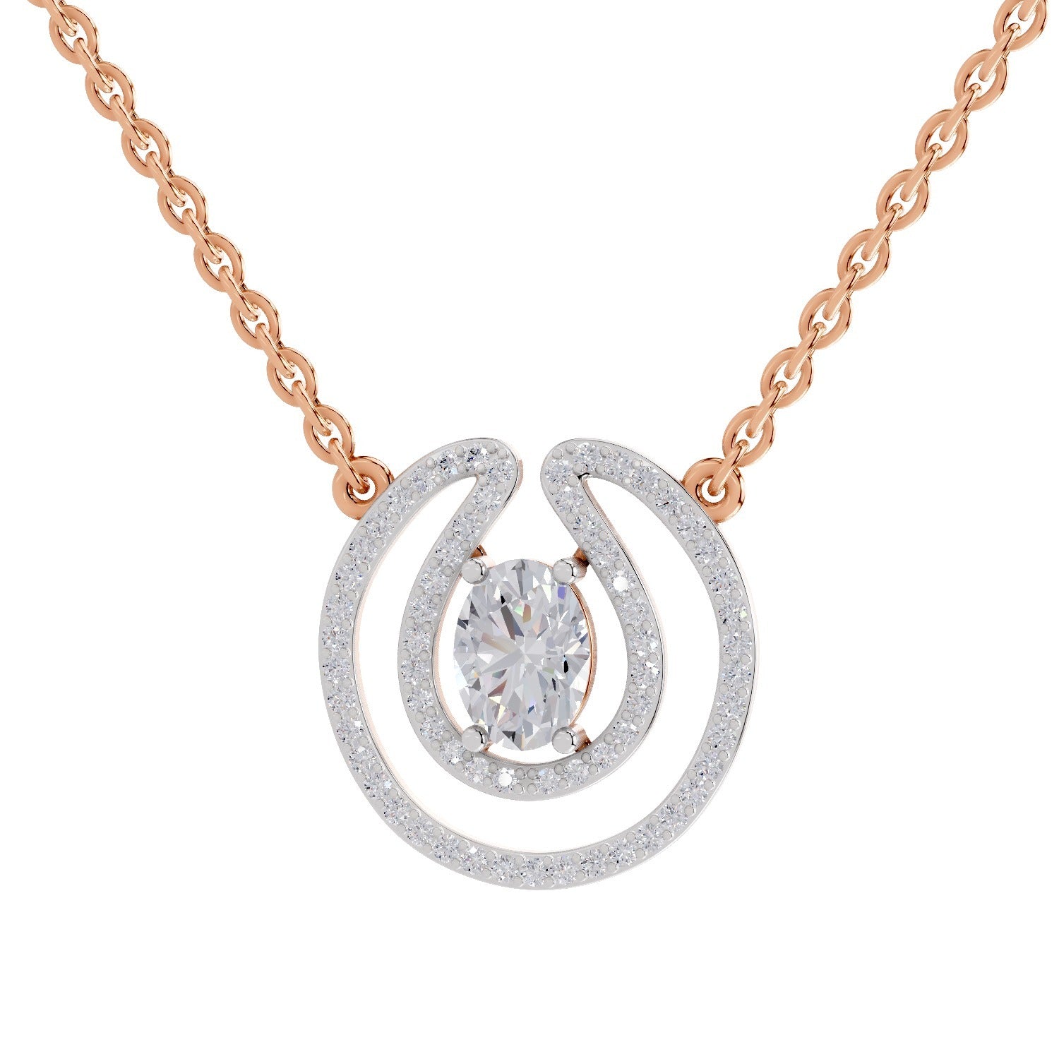 1.03 Ct Oval & Round Shape Halo Diamond Necklace | 14K Rose Gold
