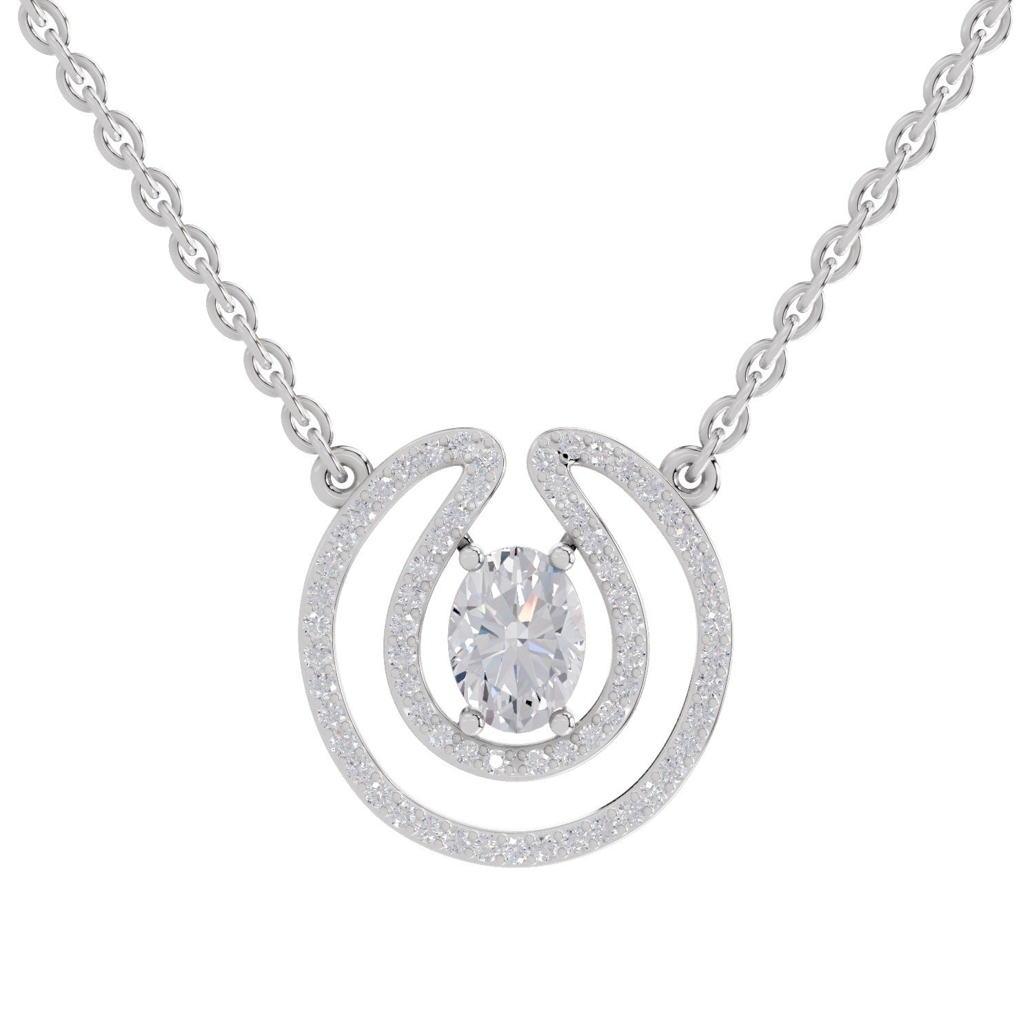 1.03 Ct Oval & Round Shape Halo Diamond Necklace | 14K White Gold