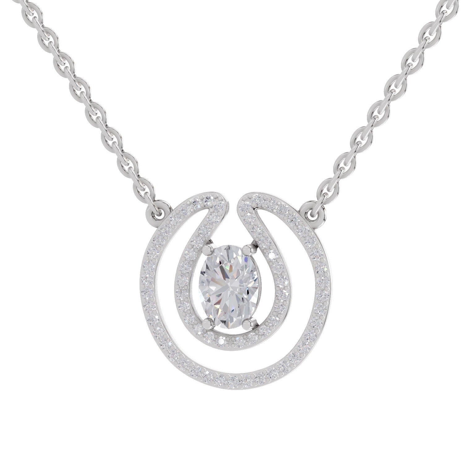1.03 Ct Oval & Round Shape Halo Diamond Necklace | 14K White Gold