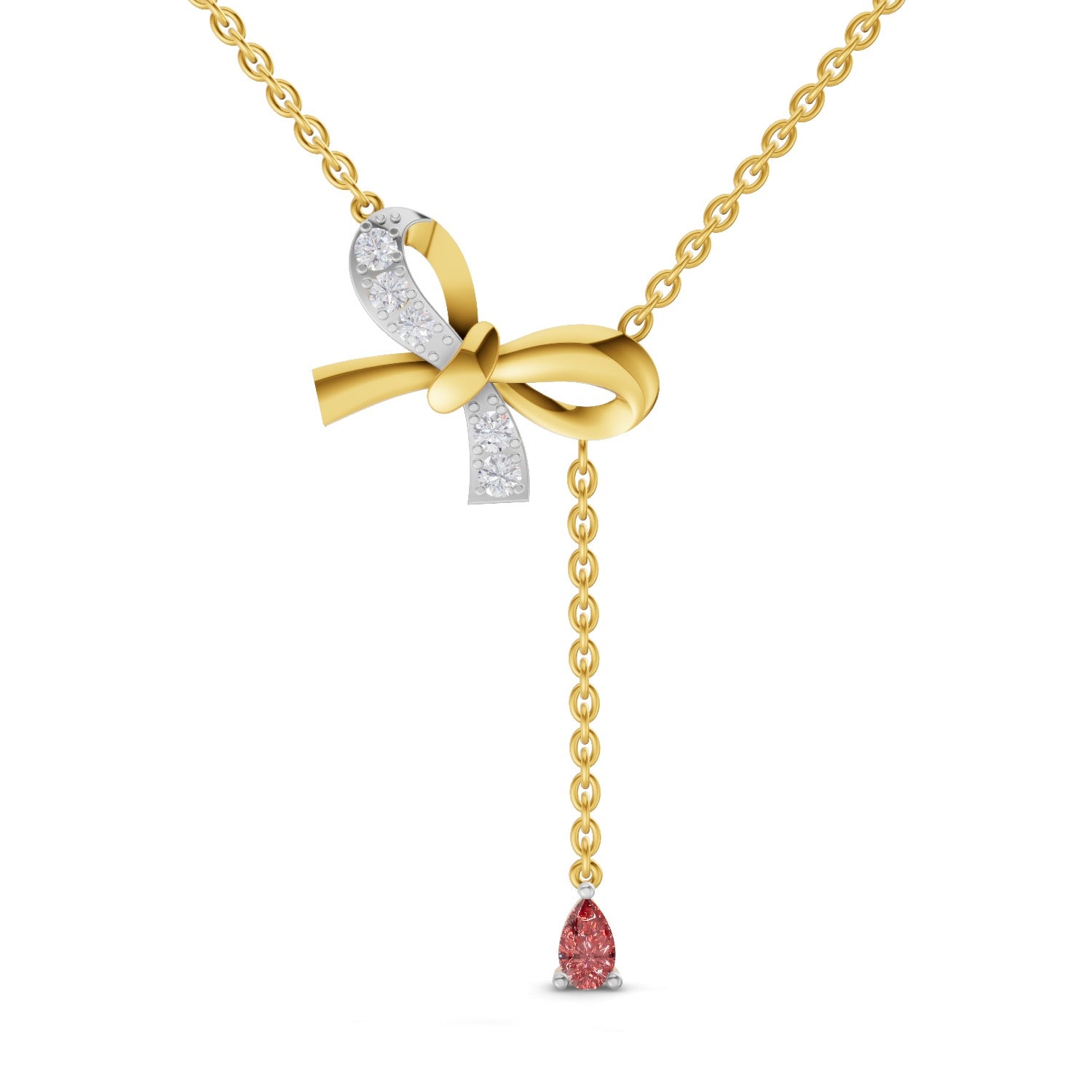0.22 Carat | 925 Sterling Silver Yellow Gold Plated Bow Lariat with a Pink Drop Gemstone pendant