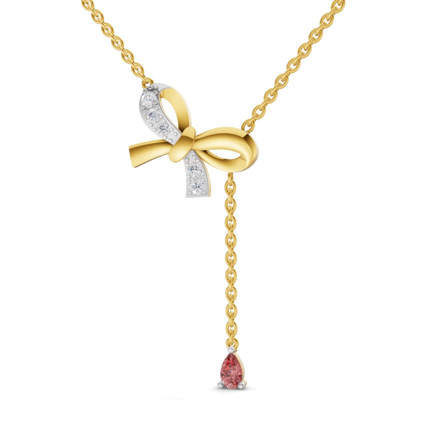 0.22 Carat | 925 Sterling Silver Yellow Gold Plated Bow Lariat with a Pink Drop Gemstone pendant