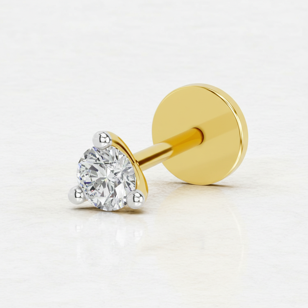 0.09 Ct Round Shape Soilitaire Diamond Nose Pin | 14K Yellow Gold