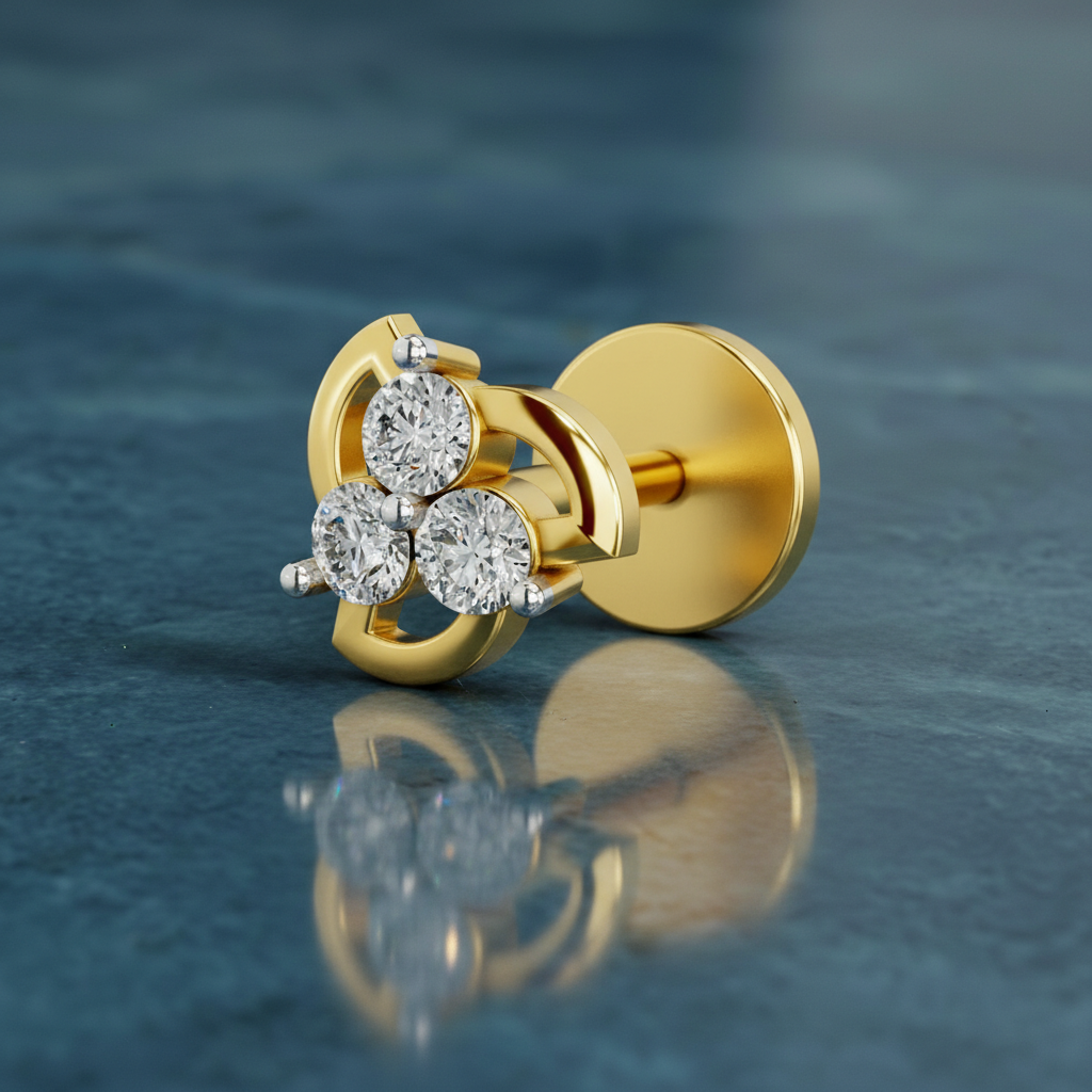 0.06 Ct Floral Stud Round Shape Nose pin | 14K Yellow Gold