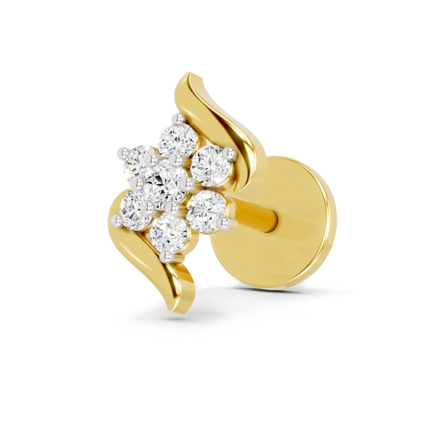 0.07 Ct Swirl Nose Pin Round Shape | 14K Yellow Gold