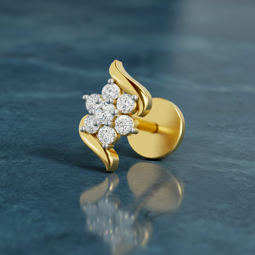 0.07 Ct Swirl Nose Pin Round Shape | 14K Yellow Gold