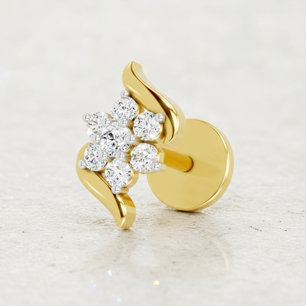 0.07 Ct Swirl Nose Pin Round Shape | 14K Yellow Gold