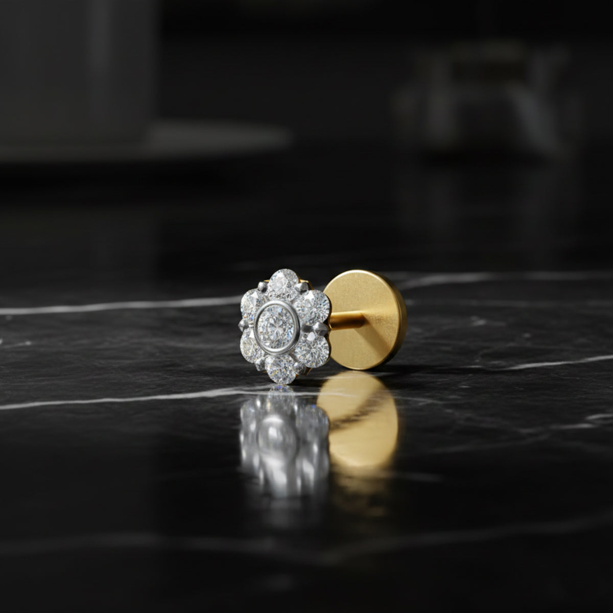 0.11 Ct Floral Stud Round Shape Nose Pin | 14K Yellow Gold