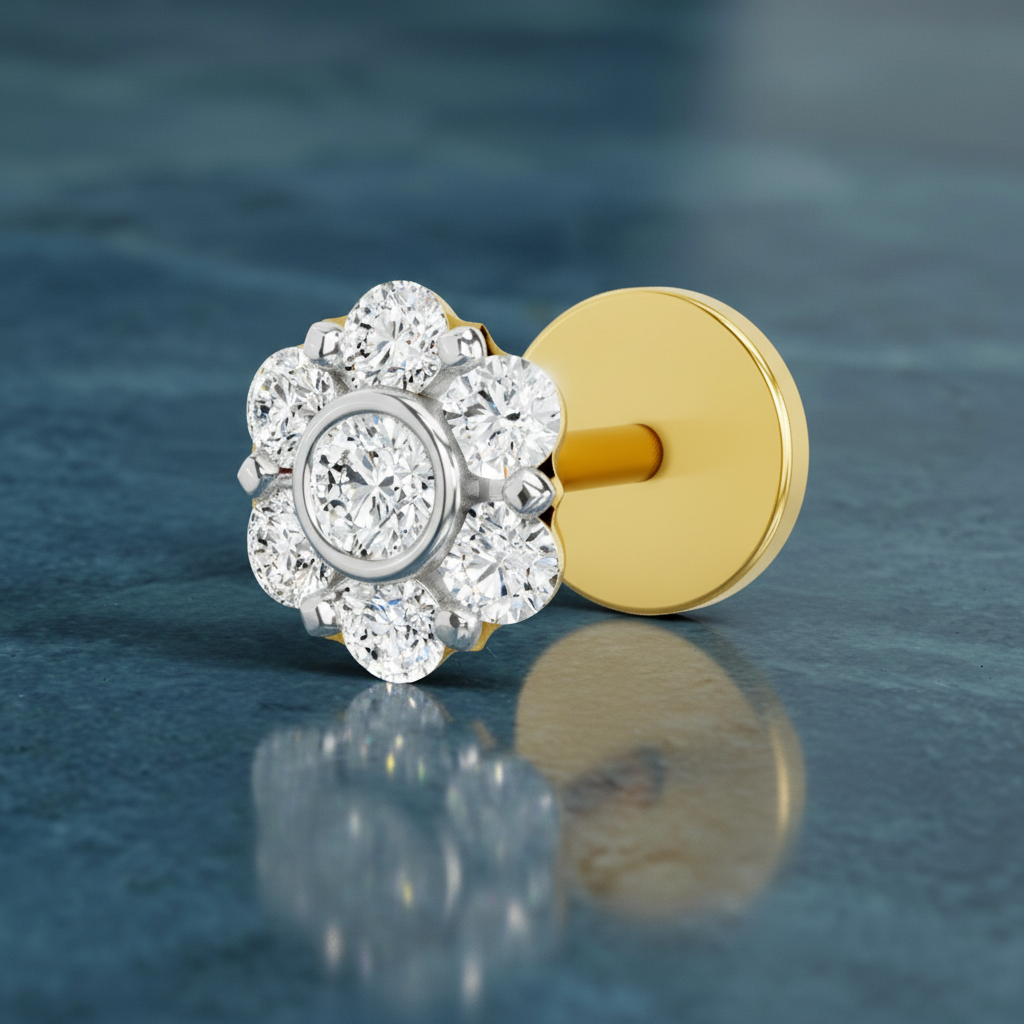 0.11 Ct Floral Stud Round Shape Nose Pin | 14K Yellow Gold