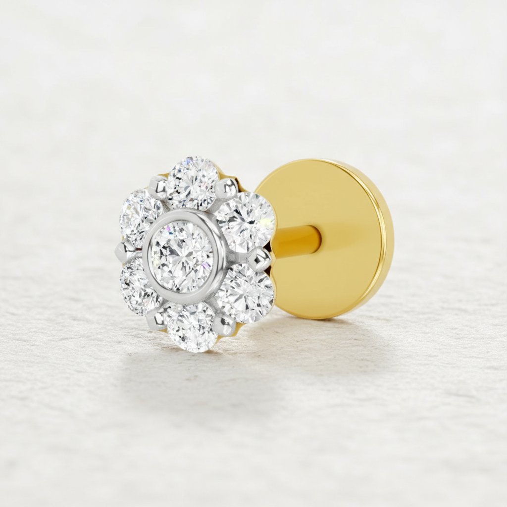 0.11 Ct Floral Stud Round Shape Nose Pin | 14K Yellow Gold