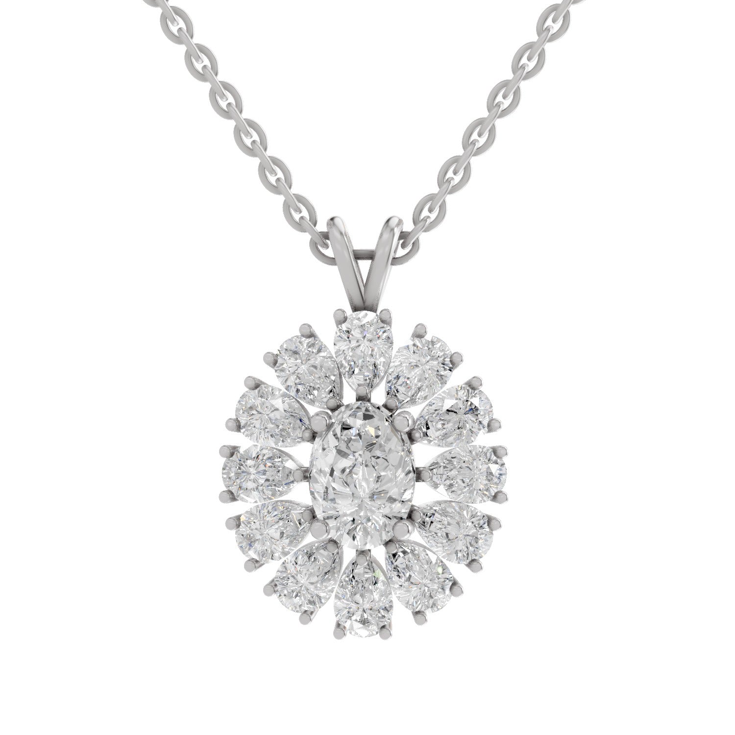 3.04 Ct Oval & Pear Shape Floral Cluster Diamond Pendant  in 14K