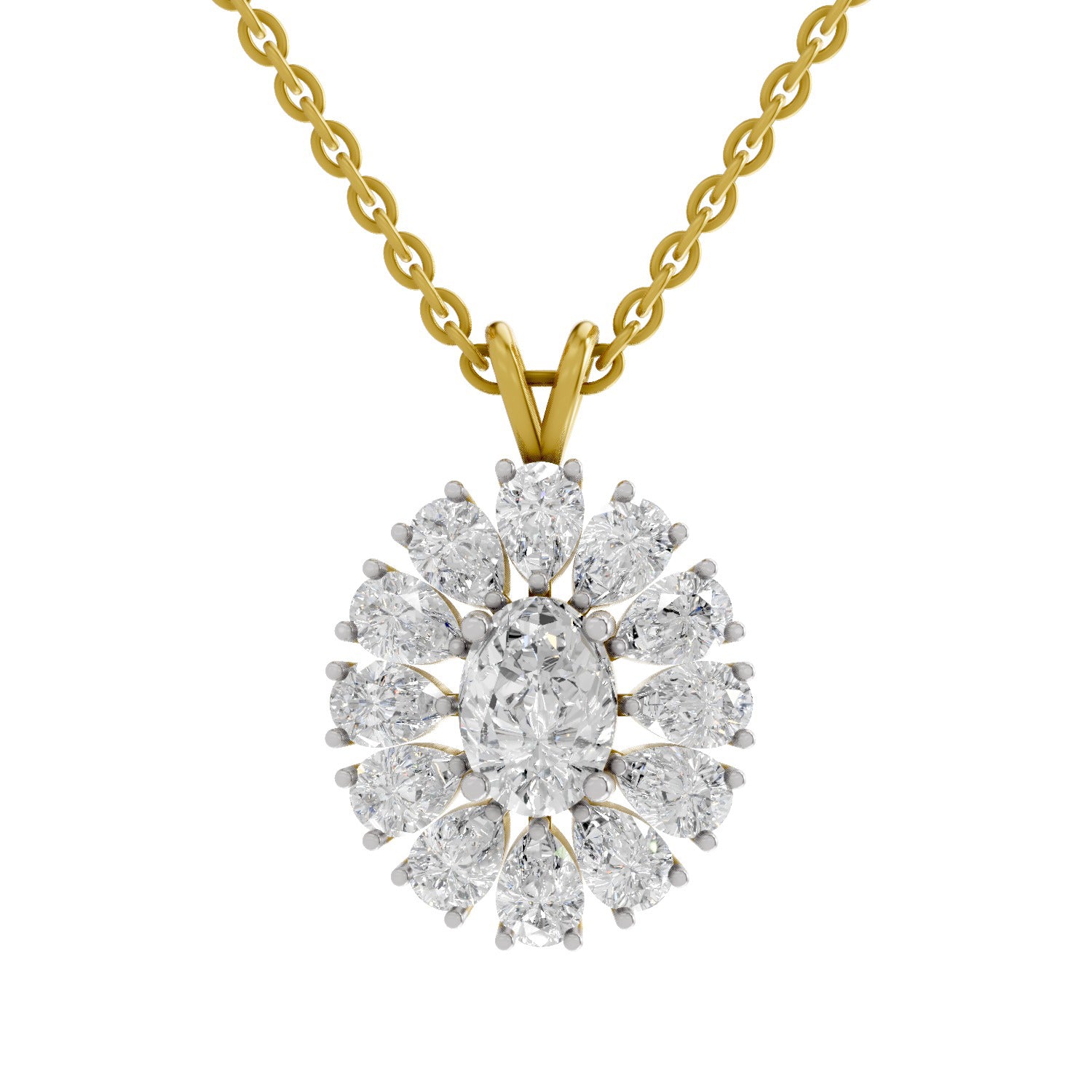 3.04 Ct Oval & Pear Shape Floral Cluster Diamond Pendant  in 14K