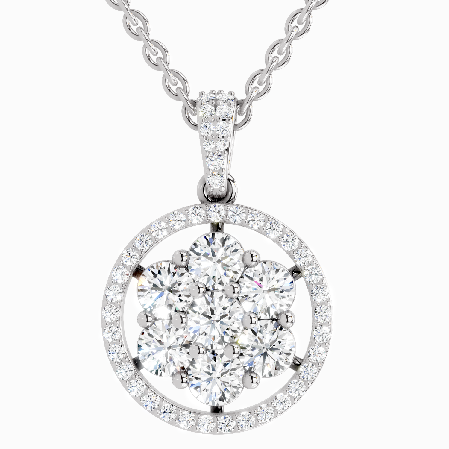 Lab Grown Diamond 2.13 Carat Round Cluster Halo Pendant for Women | 14K White Gold