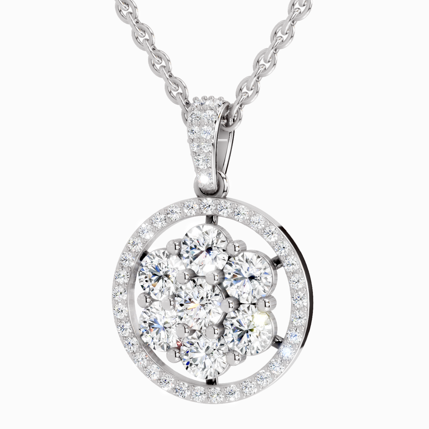 Lab Grown Diamond 2.13 Carat Round Cluster Halo Pendant for Women | 14K White Gold