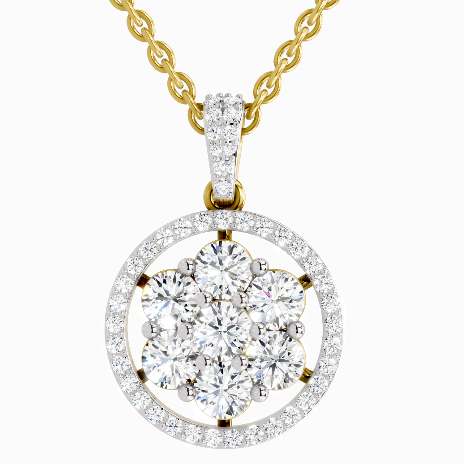 Lab Grown Diamond 2.13 Carat Round Cluster Halo Pendant for Women | 14K Yellow Gold