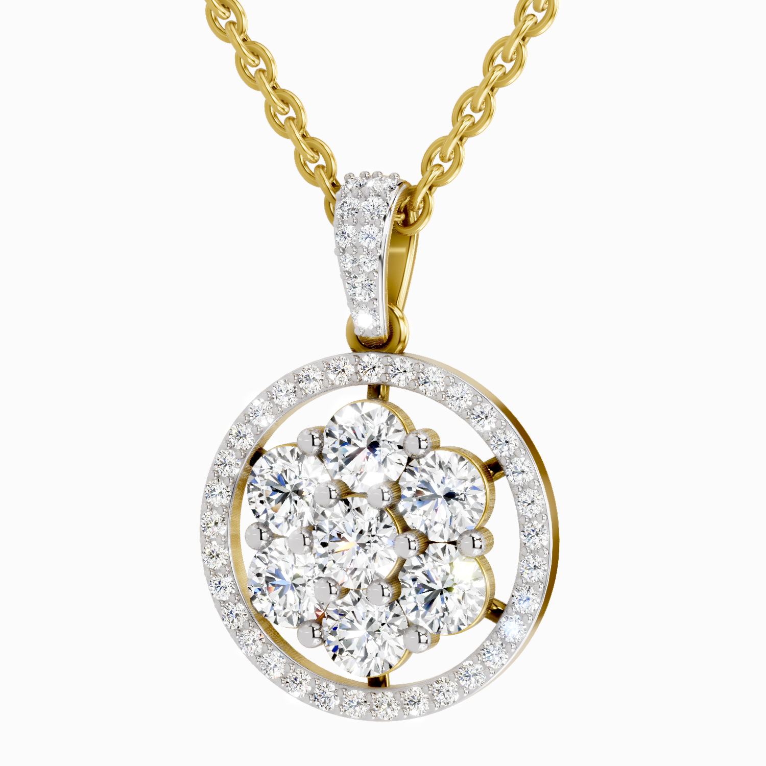 Lab Grown Diamond 2.13 Carat Round Cluster Halo Pendant for Women | 14K Yellow Gold