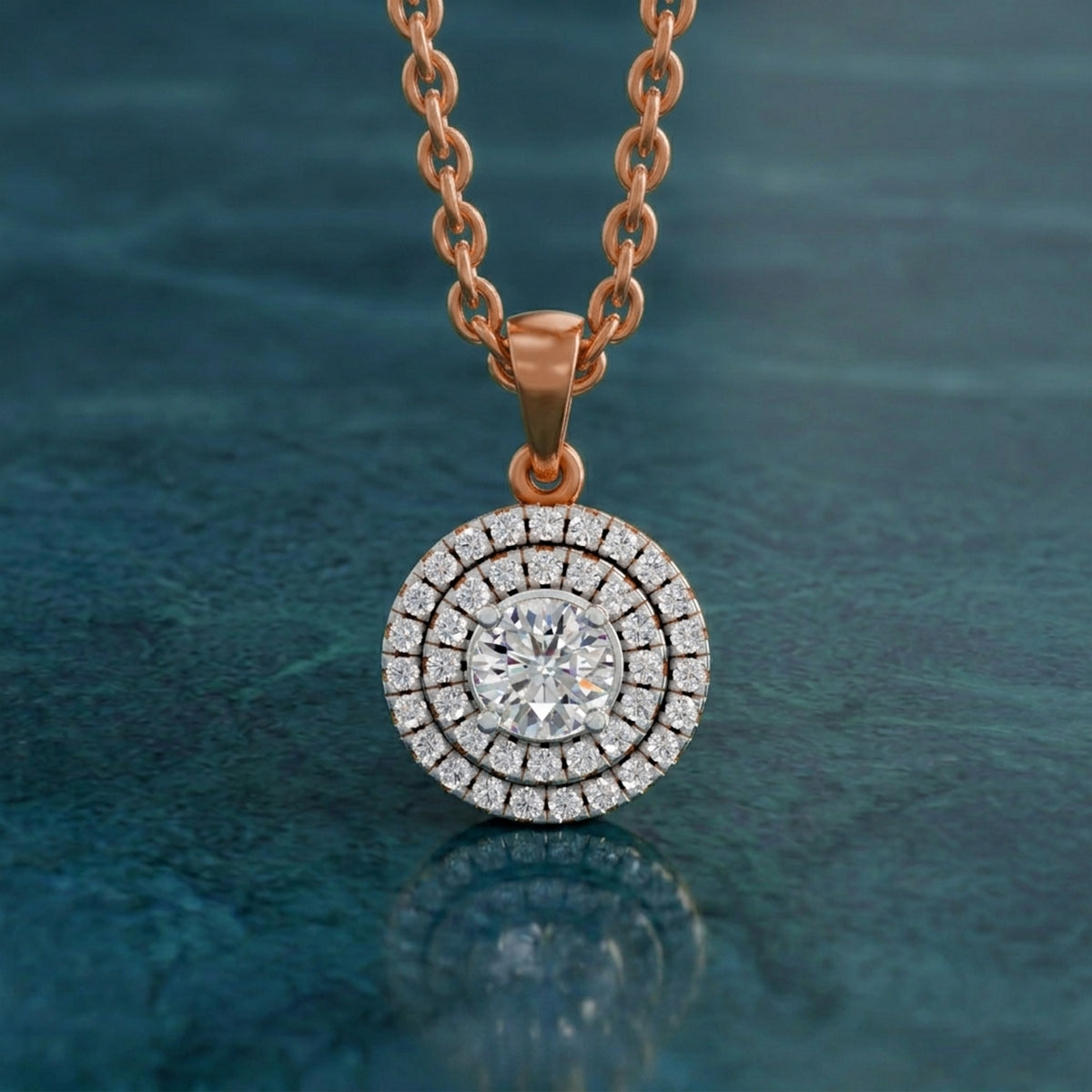 0.70 ct Double Halo Diamond Pendant in 14K