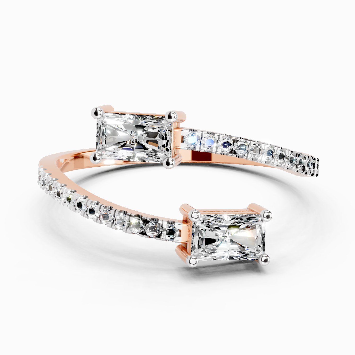 0.82 Ct Emerald Shape Diamond Toi et Moi Ring | 14K Rose Gold