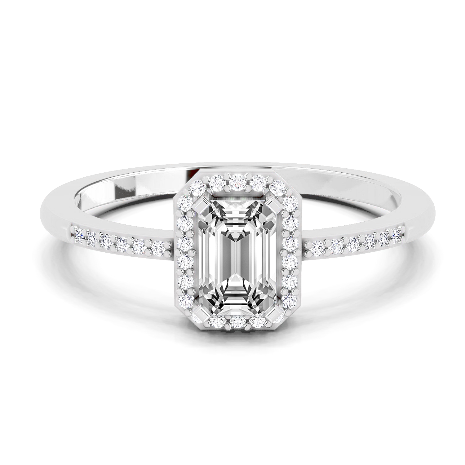 0.7 Ct Emerald Cut Halo Ring | 14K White Gold