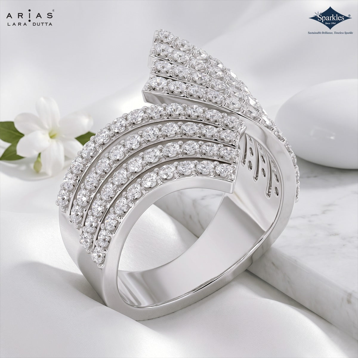 Arias by Lara Dutta Multi-Row Pave Diamond Wave Statement Ring