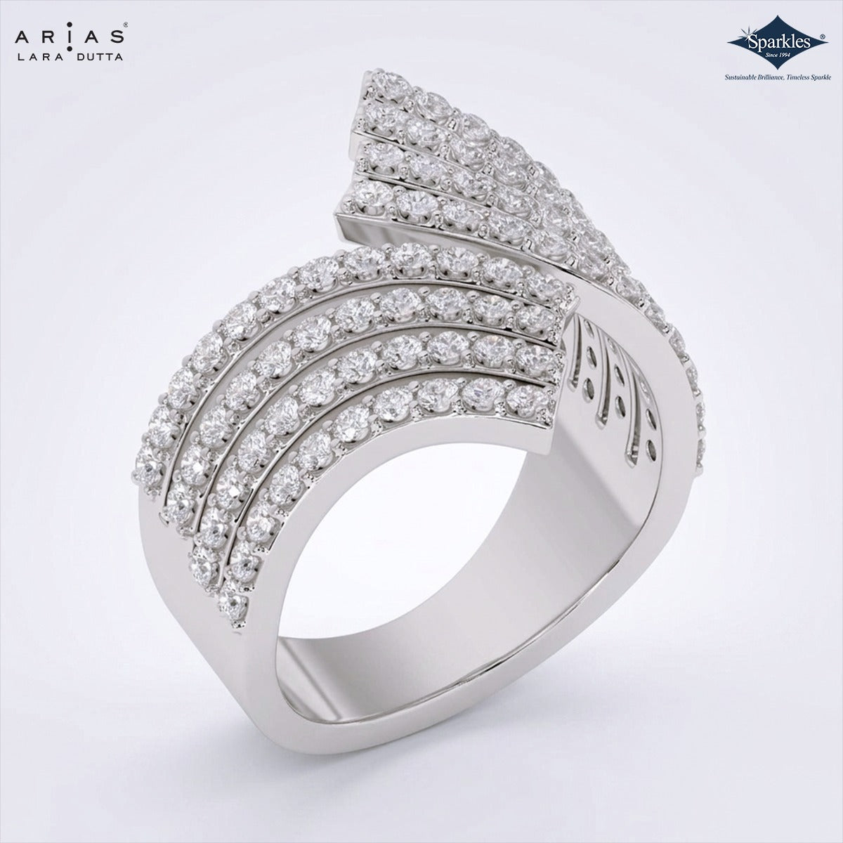Arias by Lara Dutta Multi-Row Pave Diamond Wave Statement Ring