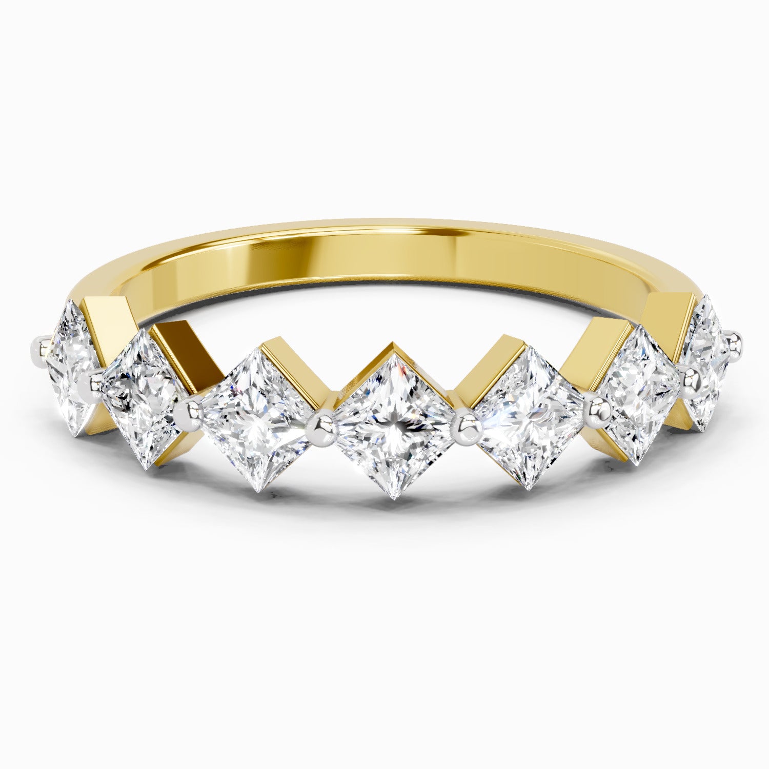 0.63 Ct Princess Shape 7 Stone Diamond Band Ring | 14K Yellow Gold