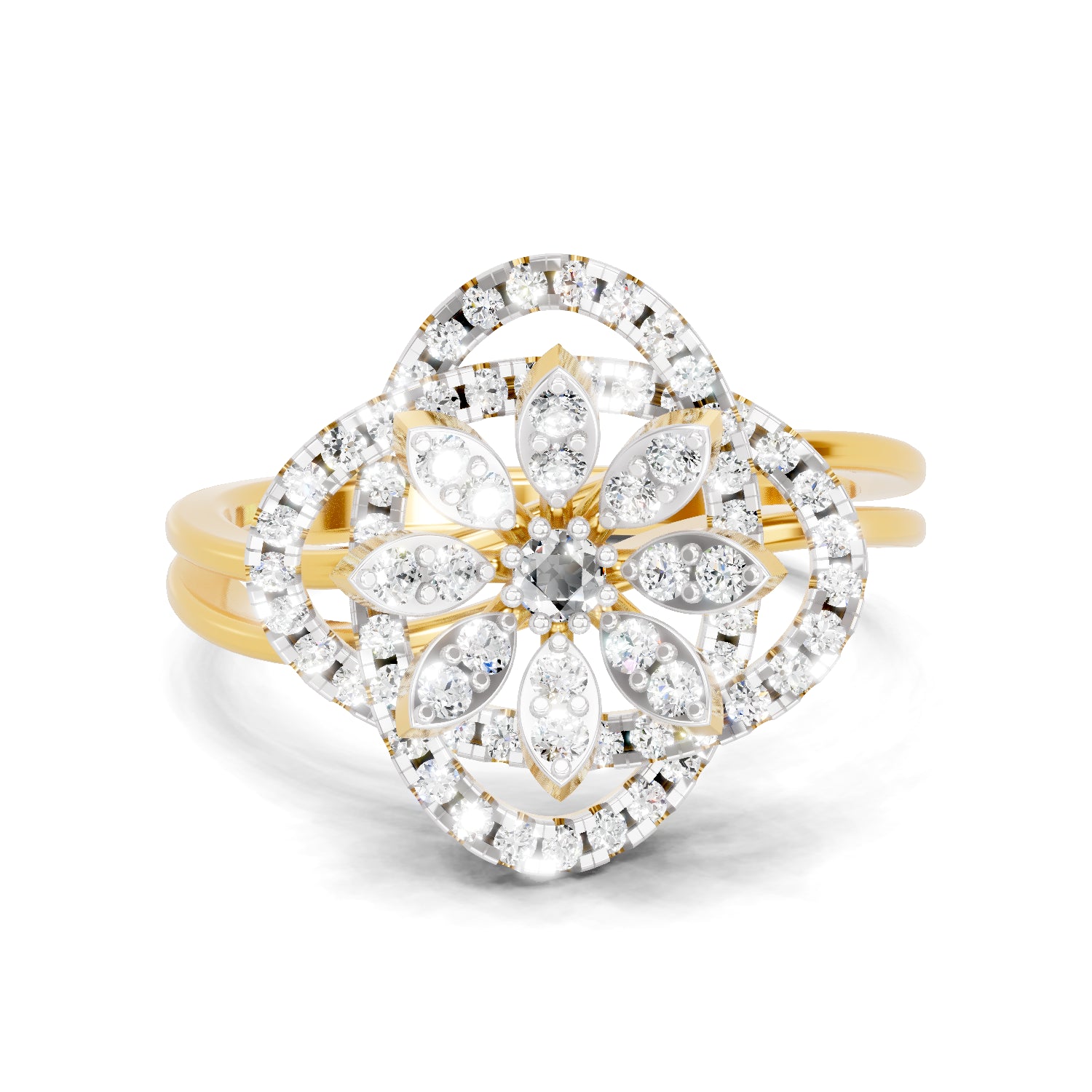 0.56 Carat | 925 Sterling Silver Gold Plated Quad-Floral Diamond  Ring
