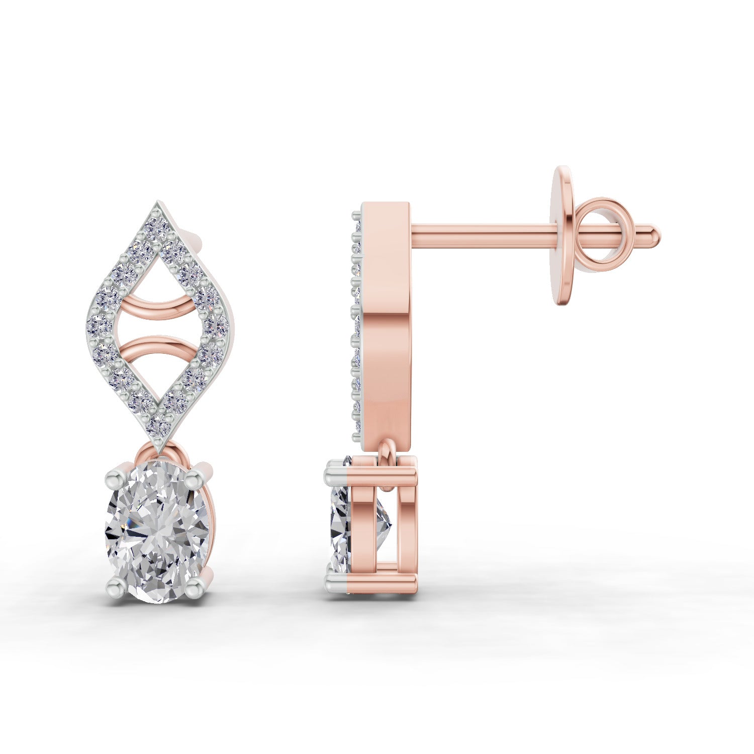 0.88 Ct  Oval Diamond Leaf Drop Diamond Stud Earrings | 14K Rose Gold