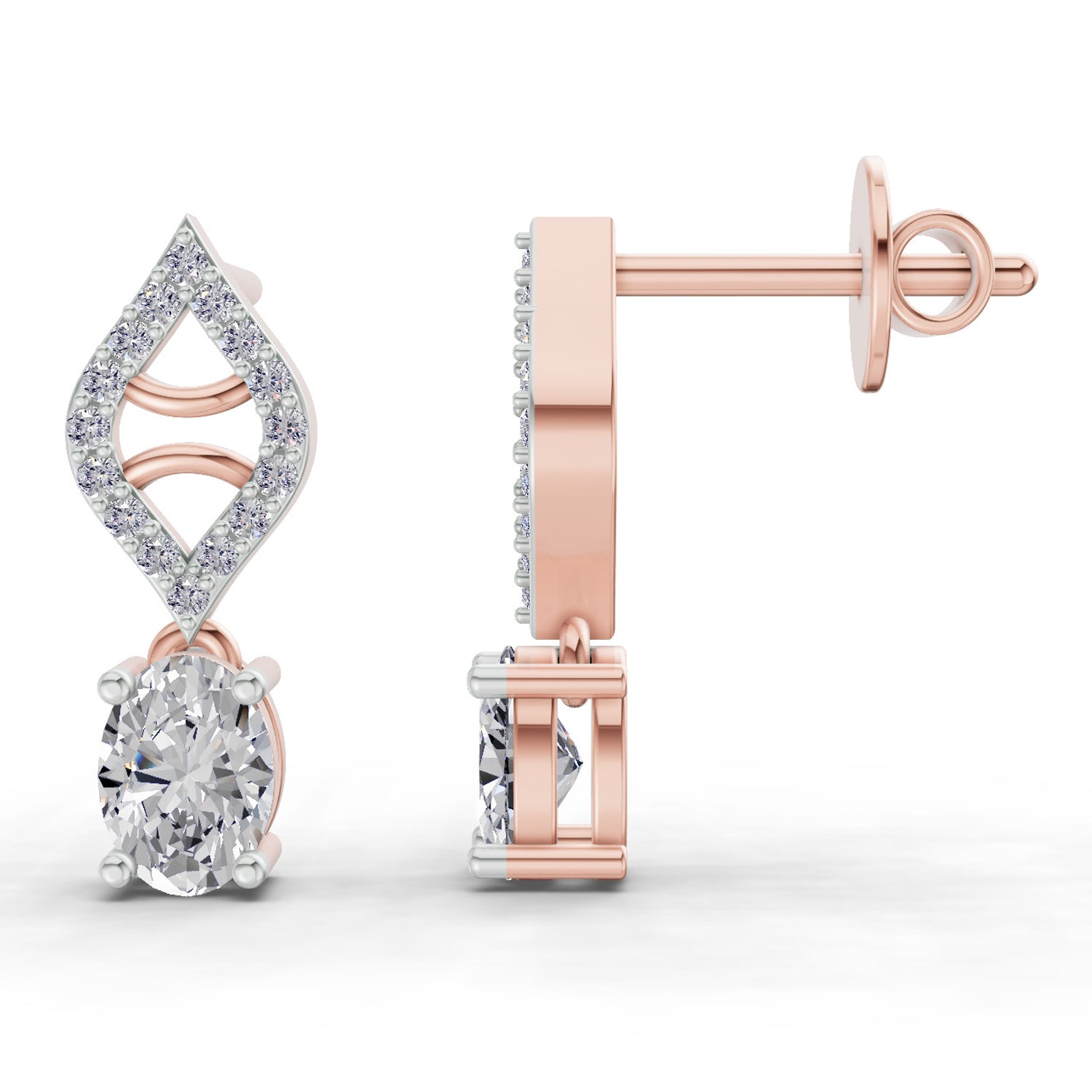 0.88 Ct  Oval Diamond Leaf Drop Diamond Stud Earrings | 14K Rose Gold