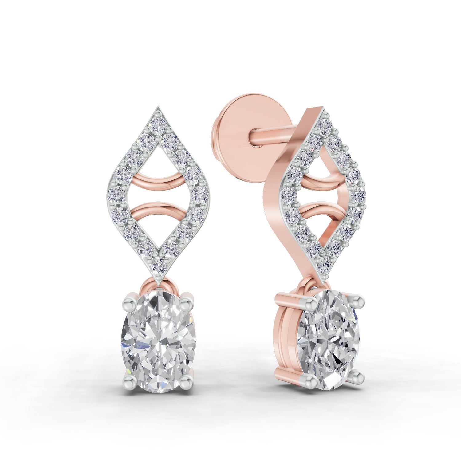 0.88 Ct  Oval Diamond Leaf Drop Diamond Stud Earrings | 14K Rose Gold