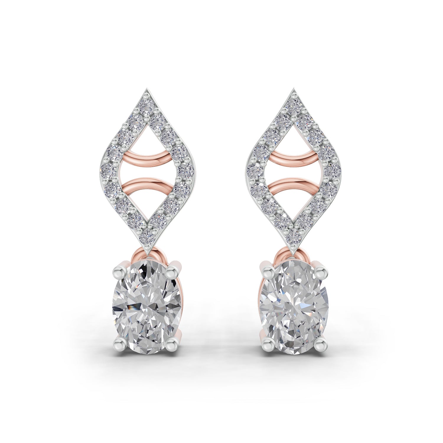 0.88 Ct  Oval Diamond Leaf Drop Diamond Stud Earrings | 14K Rose Gold
