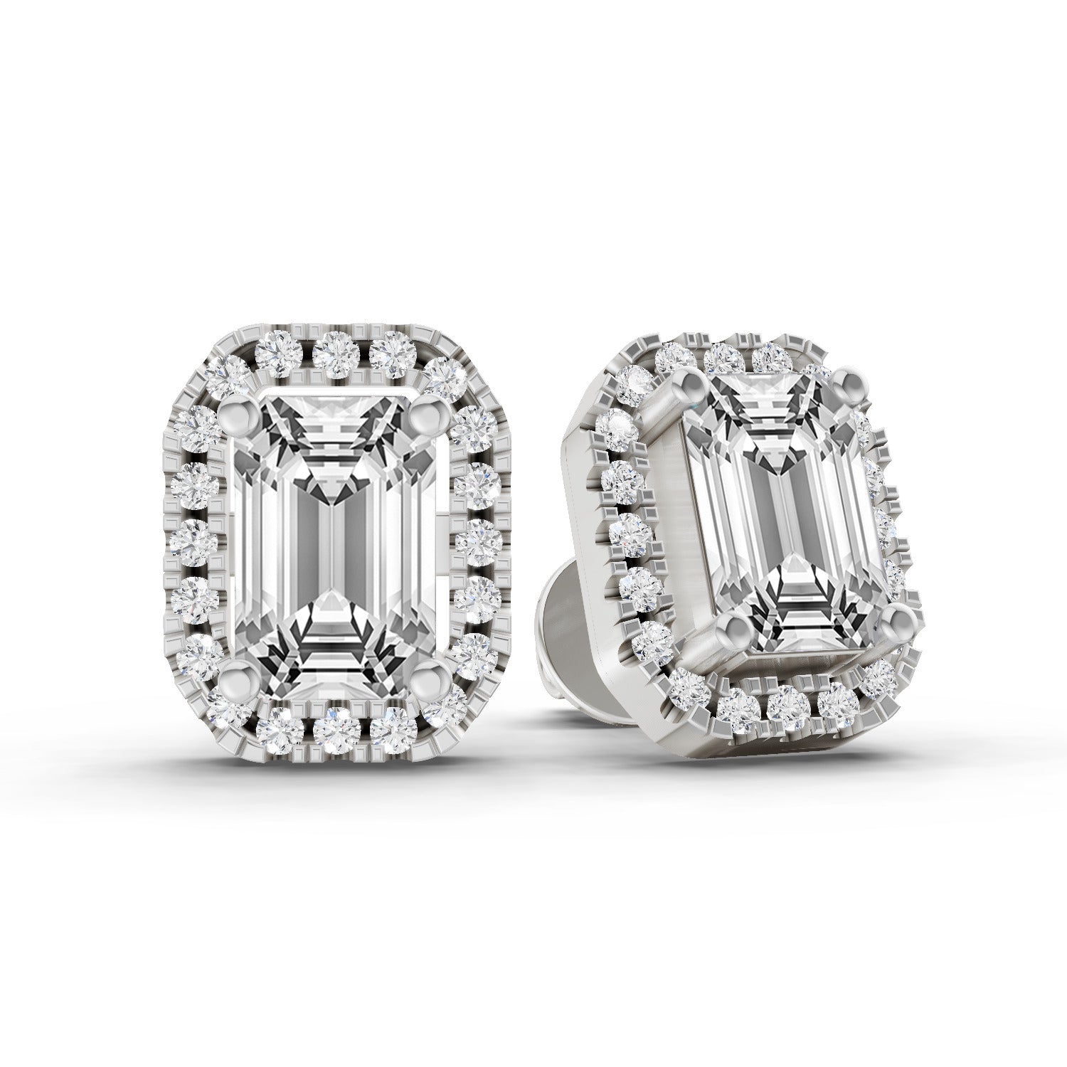 1.14 Ct Emerald Shape Halo Diamond Earrings | 14K Rose Gold