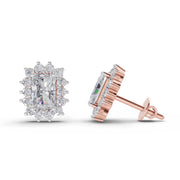 1.86 Ct Emerald Shape Halo Diamond Stud Earrings | 14K Rose Gold
