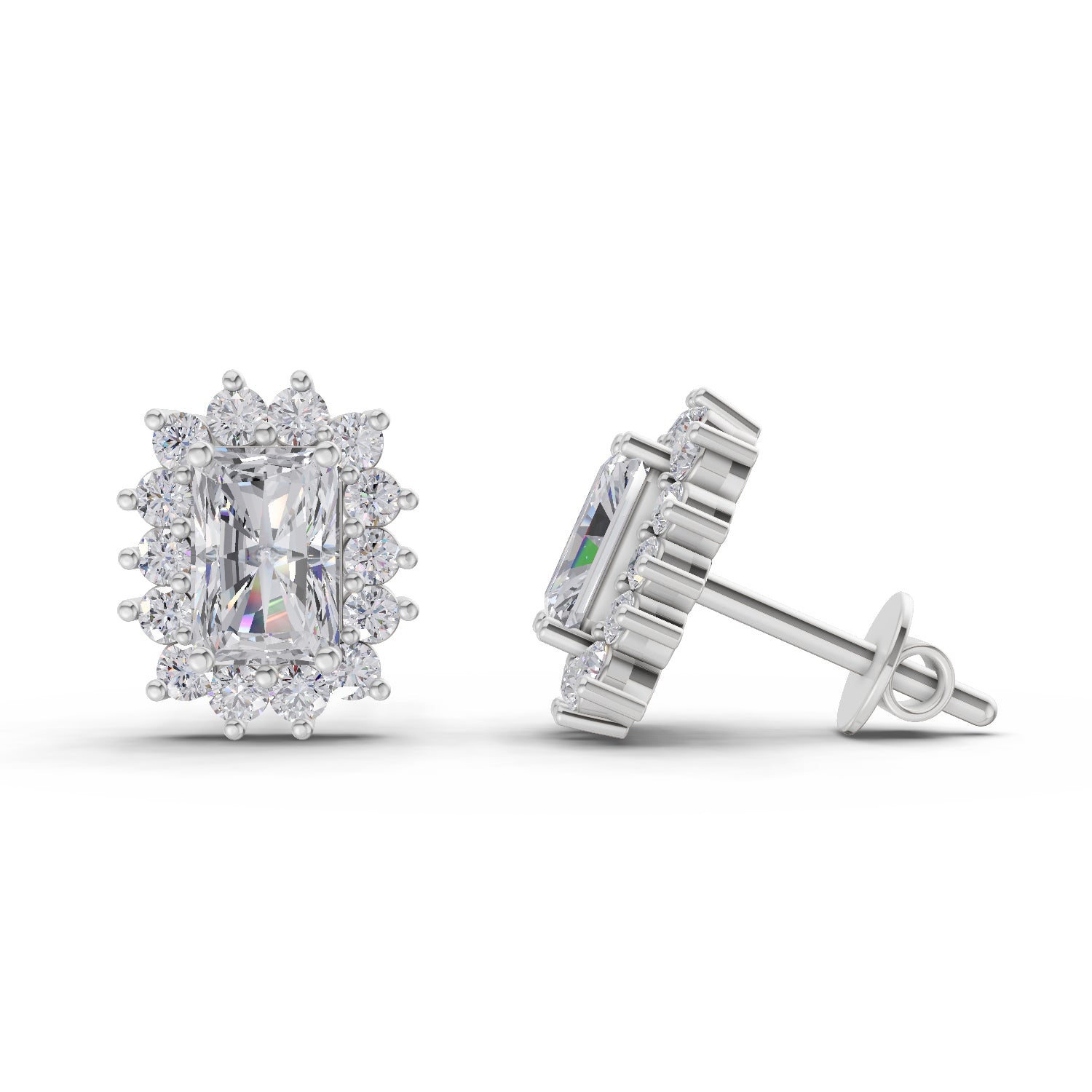 1.86 Ct Emerald Shape Halo Diamond Stud Earrings | 14K Rose Gold