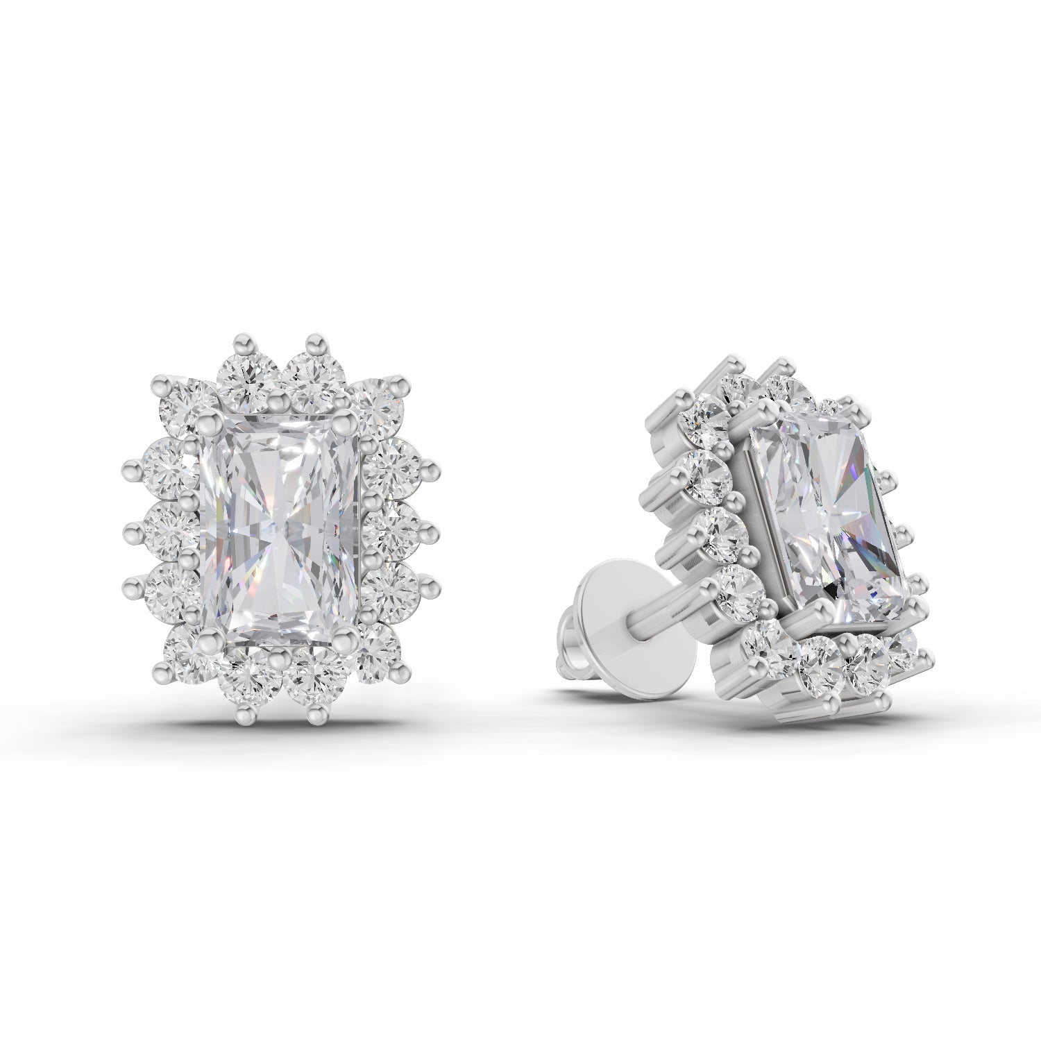 1.86 Ct Emerald Shape Halo Diamond Stud Earrings | 14K Rose Gold