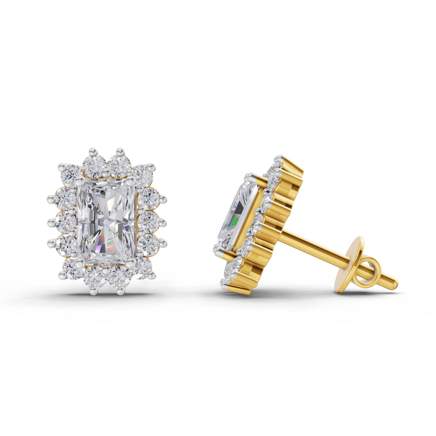 1.86 Ct Emerald Shape Halo Diamond Stud Earrings | 14K Yellow Gold